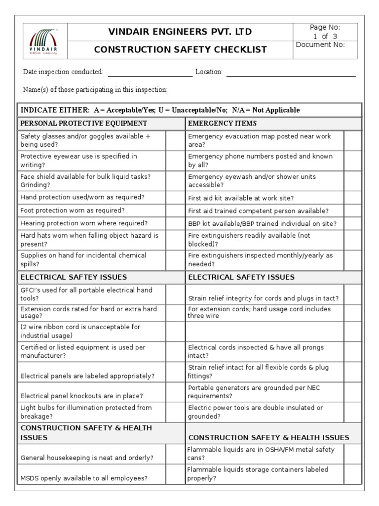 VINDAIR Construction Safety CHECK LIST PDF Industries Equipment