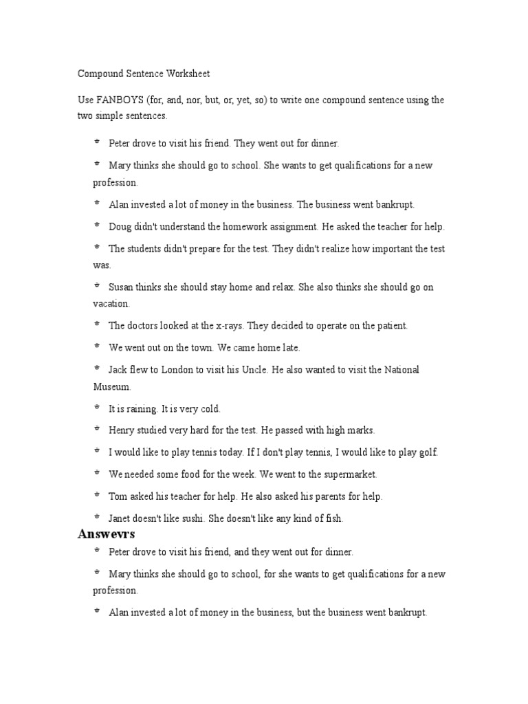 Compound Sentence Worksheet | PDF
