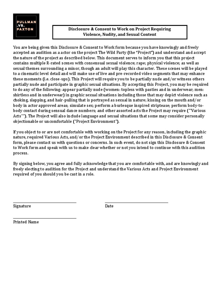 Disclosure & Consent To Work On Project Requiring Violence, Nudity, and ...