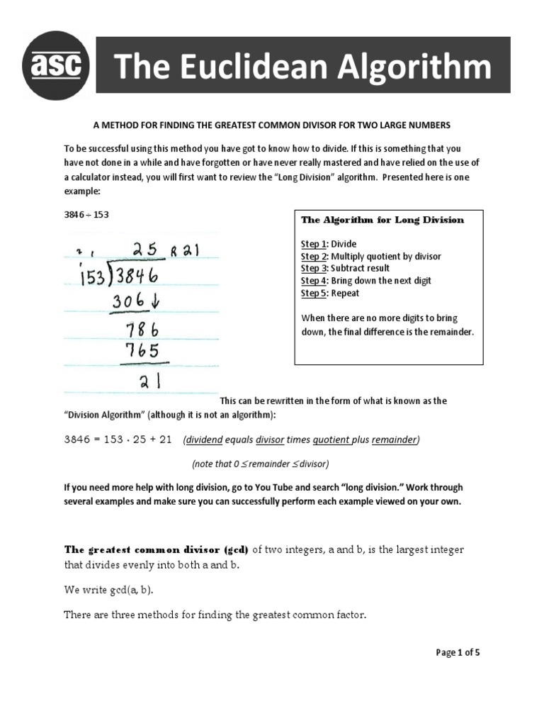 The Euclidean Algorithm | PDF | Division (Mathematics) | Mathematical ...
