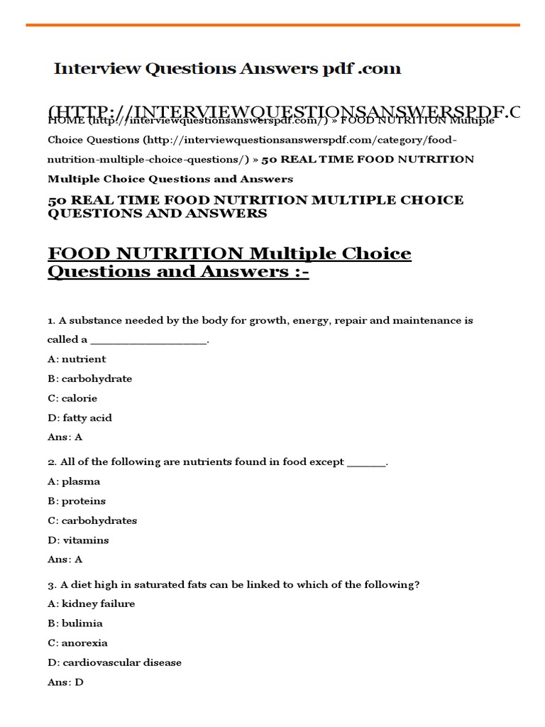 50 REAL TIME FOOD NUTRITION Multiple Choice Questions and Answers 2017