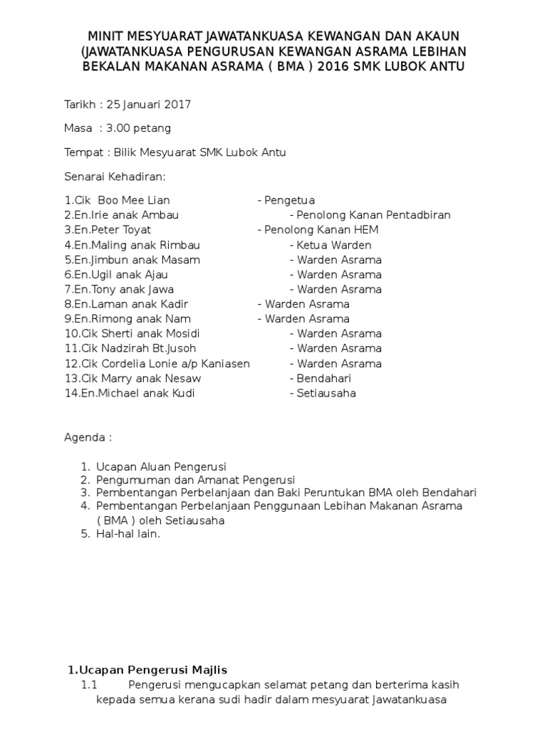Minit Mesyuarat Jawatankuasa Kewangan Dan Akaun Pdf
