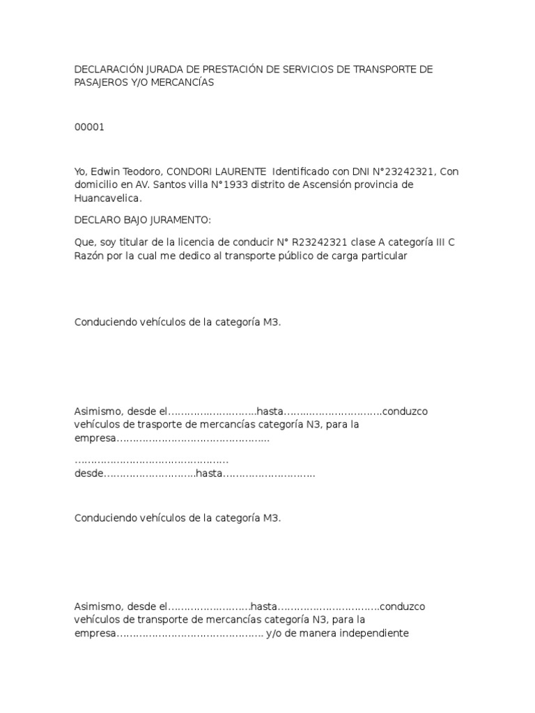 Declaración Jurada de Prestación de Servicios de Transporte de ...