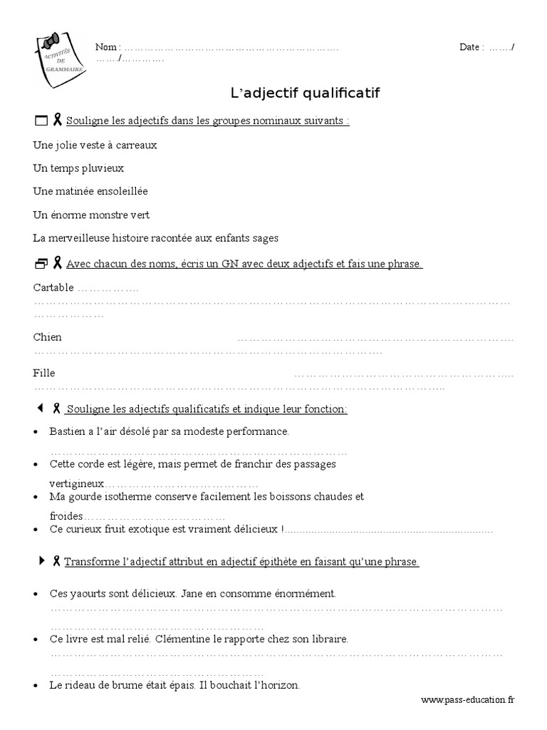 Exercice Adjectif Qualificatif épithète Et Attribut Cm2 Pdf