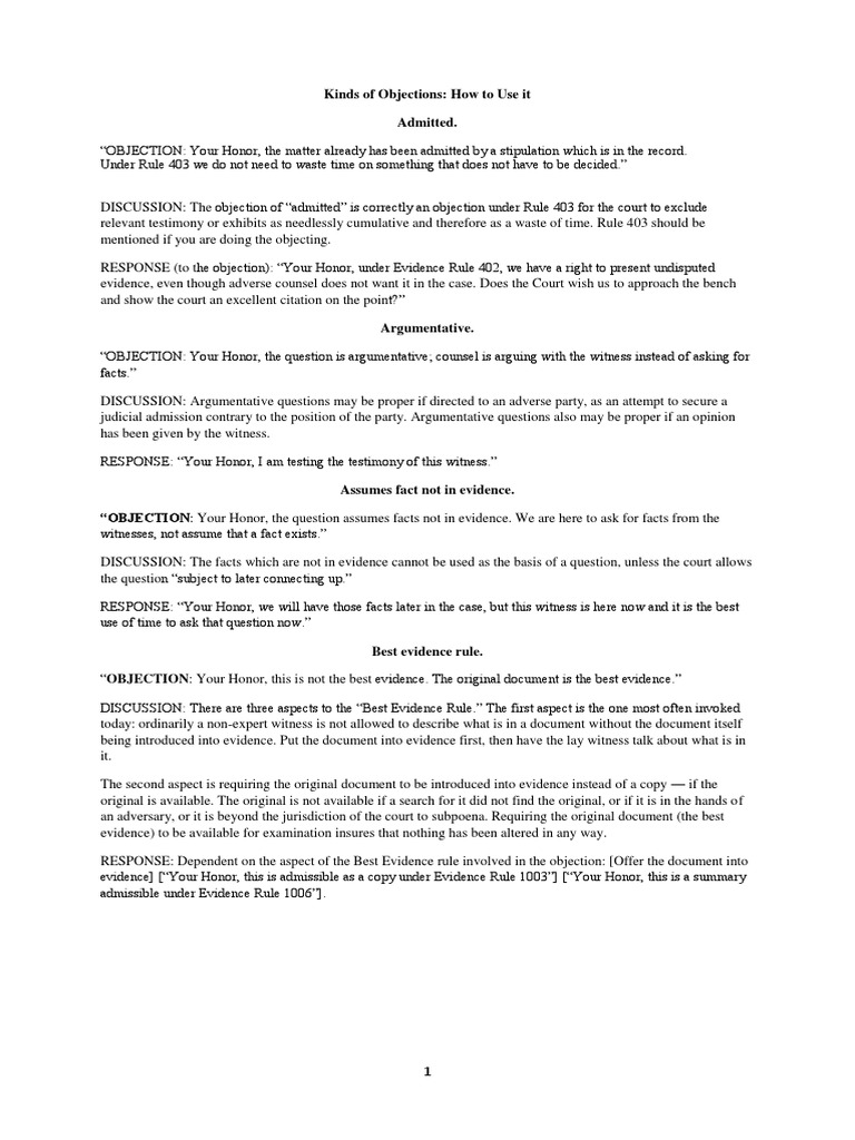 Kinds of Objections Mock Trial Evidence (Law) Witness