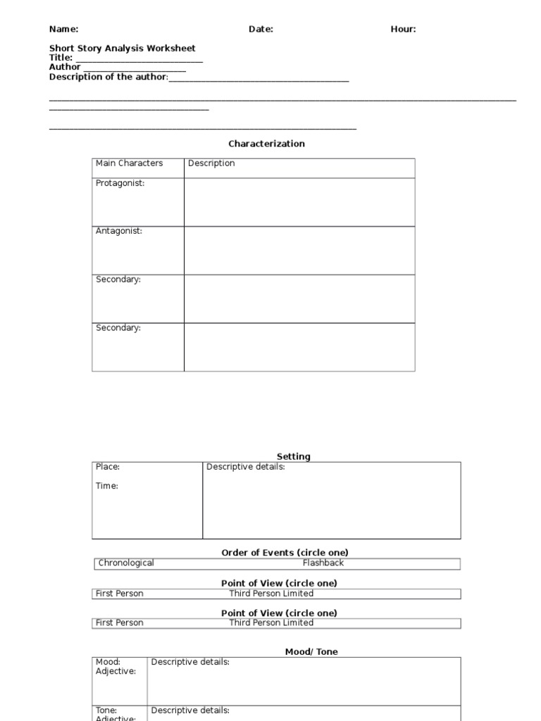 Name Date Hour Short Story Analysis Worksheet Title Author