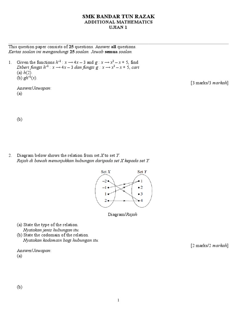 Matematik Tambahan Tingkatan 4 Ujian 1 Pdf Persamaan Kuadrat Kebenaran Logis