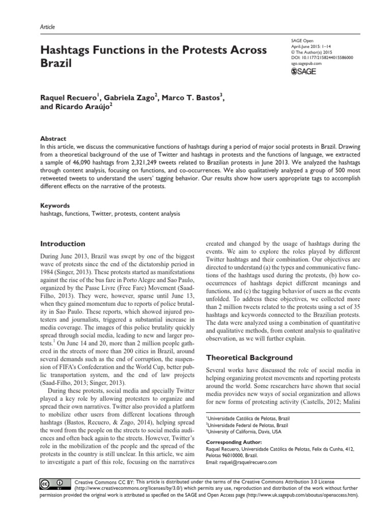 Hashtags Functions in The Protests Across Brazil PDF | PDF