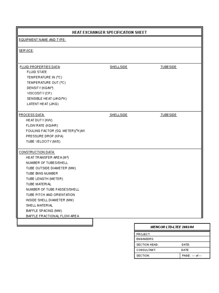 Heat Exchanger Specification Sheet | PDF