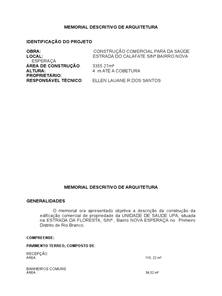 Memorial Descritivo UPA Nova Esperança | PDF | Argamassa (alvenaria ...