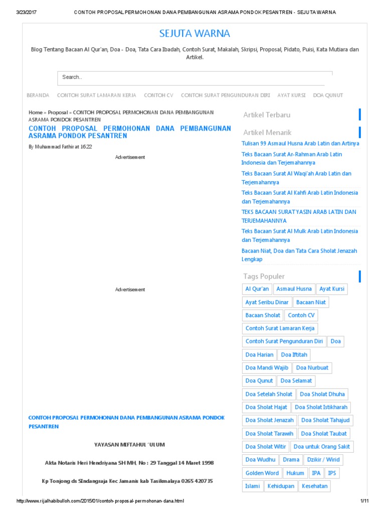 Contoh Proposal Permohonan Dana Pembangunan Asrama Pondok Pesantren Sejuta Warna