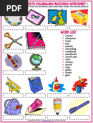 classroom objects vocabulary esl matching exercise worksheet for kids pdf writing implements stationery
