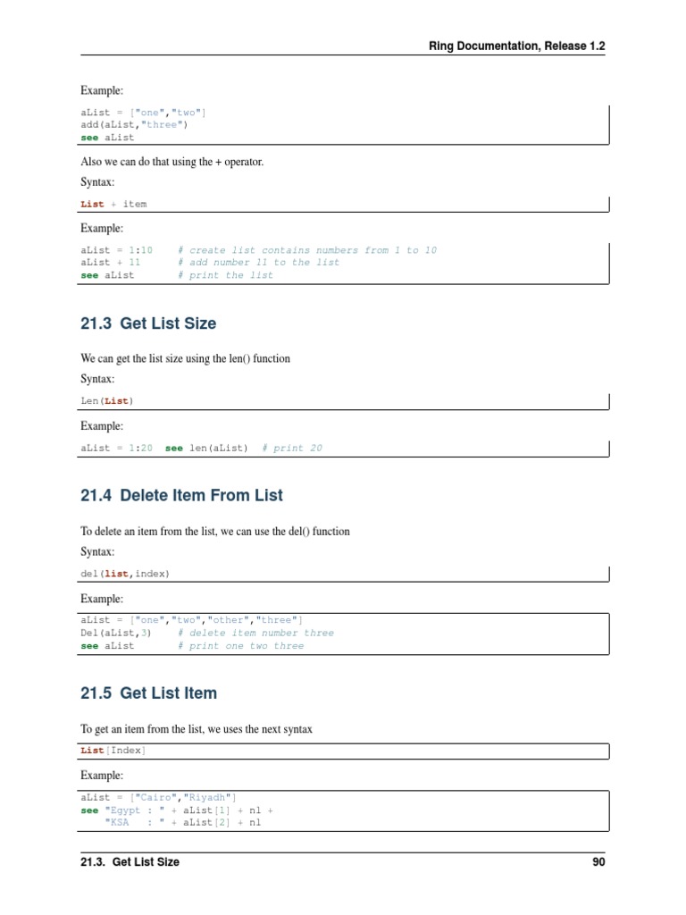 21.3 Get List Size: Ring Documentation, Release 1.2 | PDF | String ...