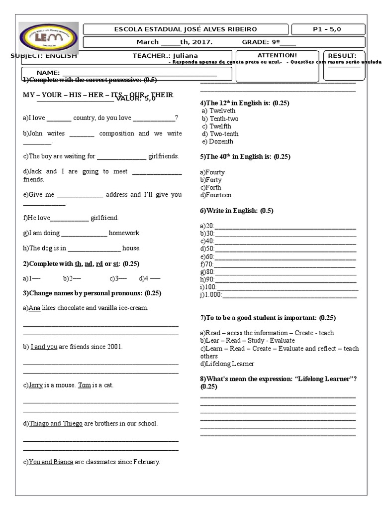 English Exam Template for Students | PDF | Cognition | Teaching And ...