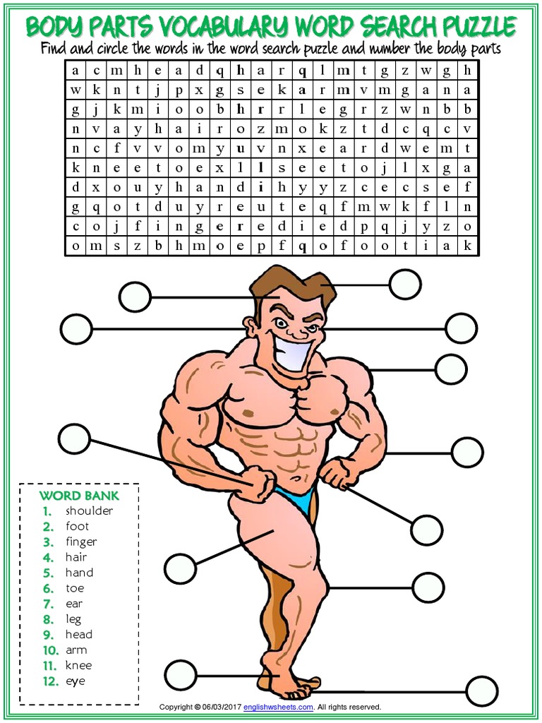 Body Parts Vocabulary Esl Word Search Puzzle Worksheet For Kids PDF