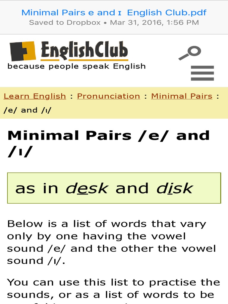 Minimal Pairs E And êž English Club Pdf English Language Languages