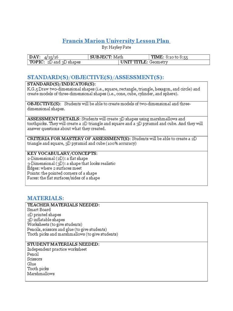 Sample Lesson Plan | PDF | Shape | Lesson Plan