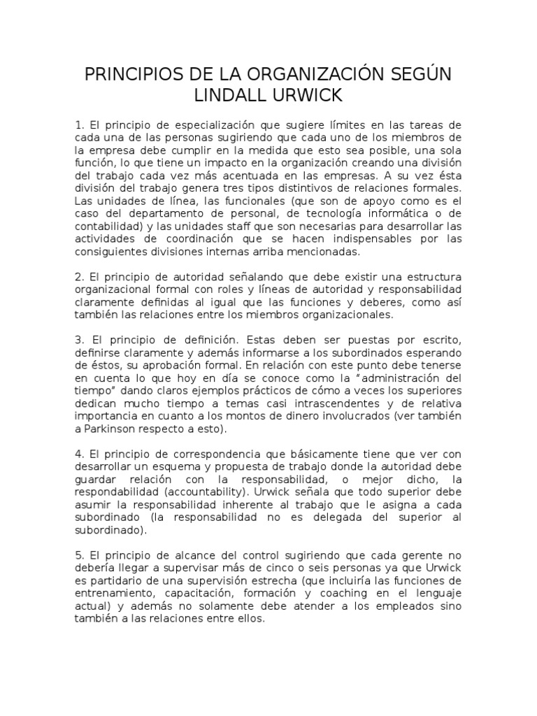 Principios de La Organización Según Lindall Urwick | PDF | Liderazgo ...