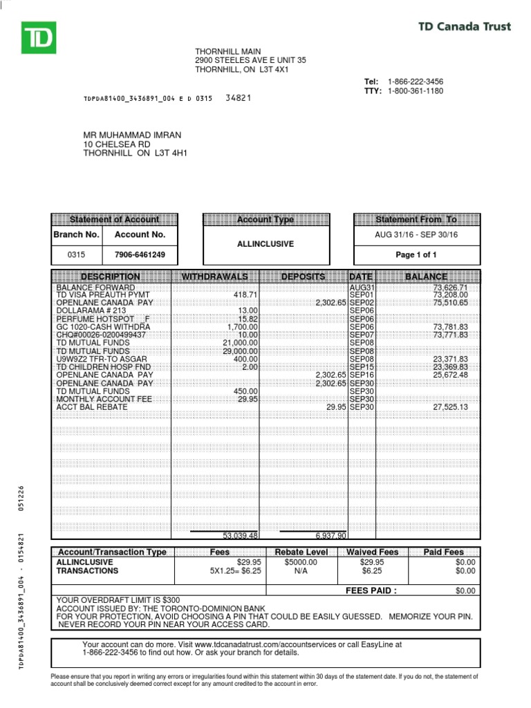 Td All Inclusive Banking Plan 315 6461249 Aug 31 Sep 30 2016 Pdf