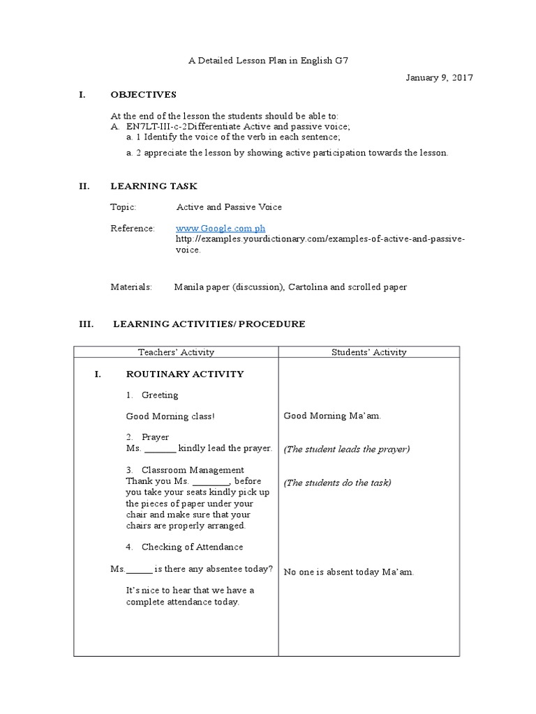 Lesson Plan (6.Active and Passive) | Verb | Subject (Grammar)