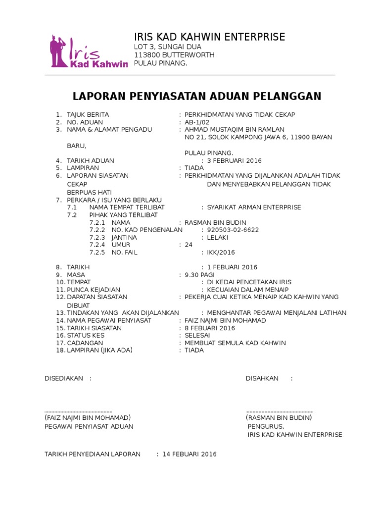 Contoh Laporan Penyiasatan Aduan Pelanggan