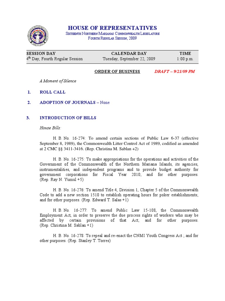 House of Representatives Session Day Calendar Day Time PDF