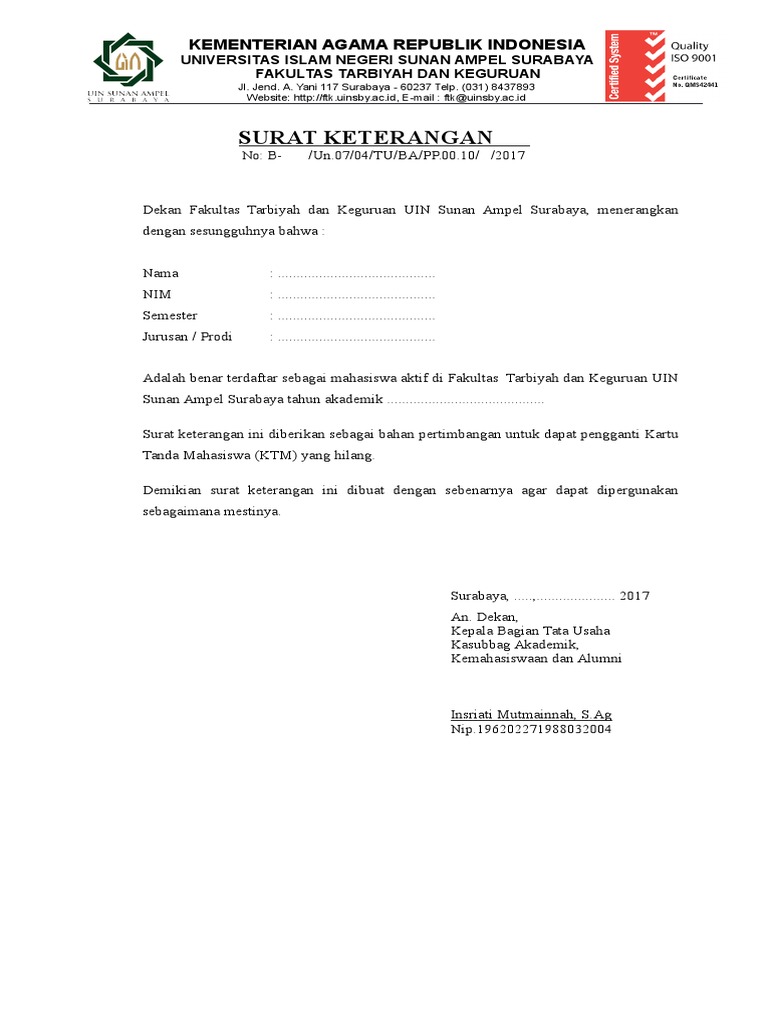 Contoh surat keterangan kartu mahasiswa Anisa Keyla Putri Tempat tgl.