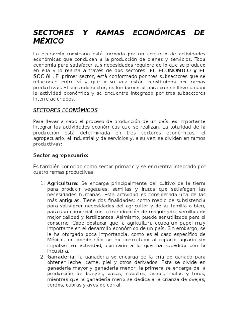 Sectores y Ramas Económicas de México | PDF | Agricultura | Sector ...