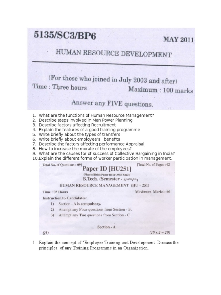 Human Resource Development Exam Questions | PDF | Human Resource ...