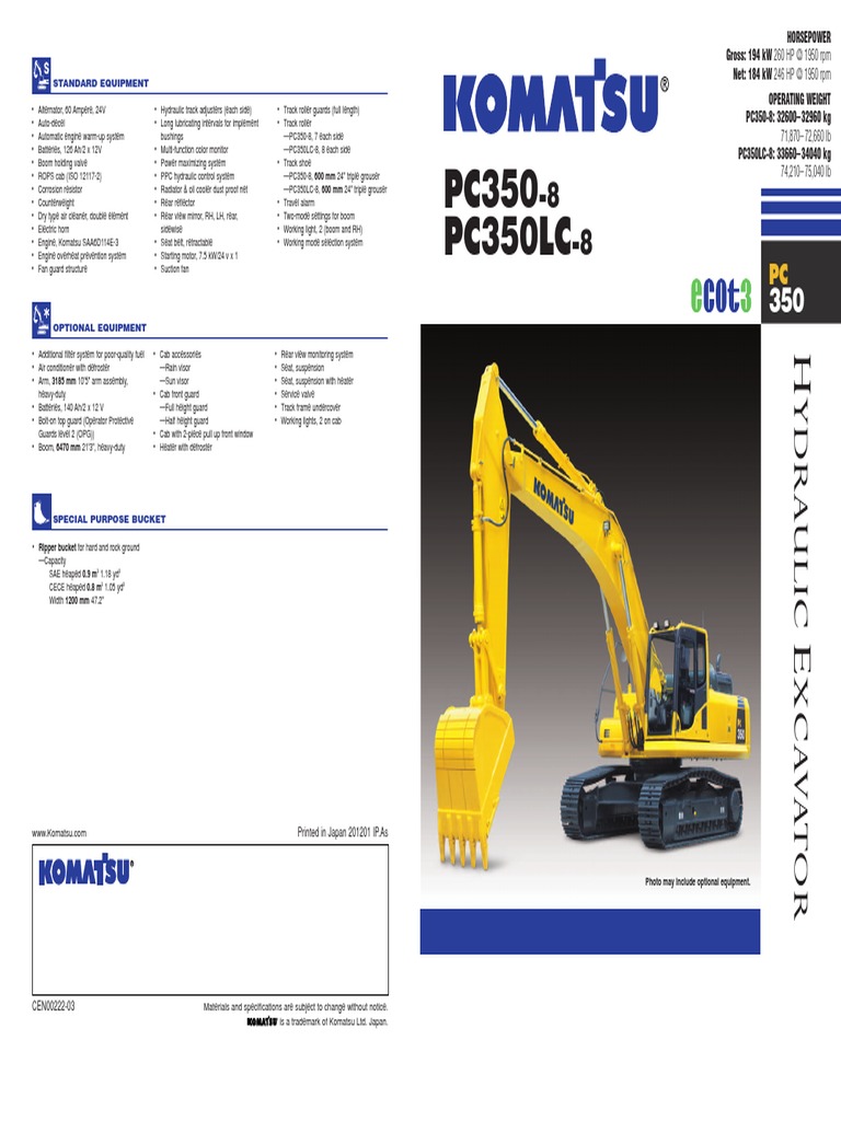 Komatsu Pc350 8 Excavator Specs Pdf Computer Monitor Engines 
