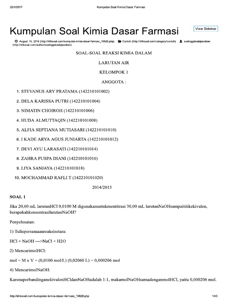Contoh Soal Kimia Dasar Farmasi Semester 1 - Contoh Soal Terbaru
