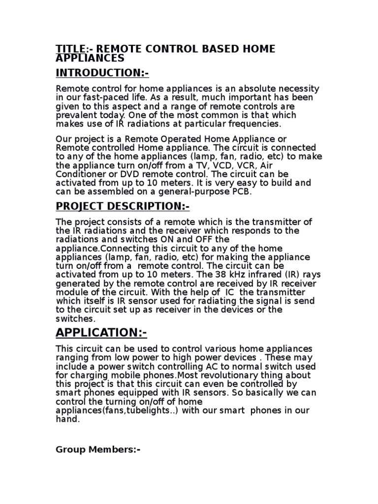 Title Remote Control Based Home Appliances Introduction:-: Application ...