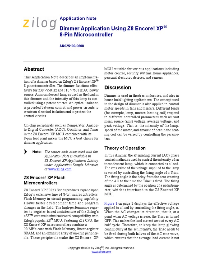 Dimmer Application Using Z8 Encore! XP 8Pin Microcontroller PDF