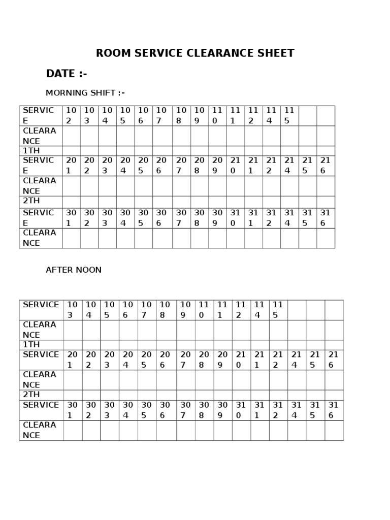 Room Service Clearance Sheet PDF