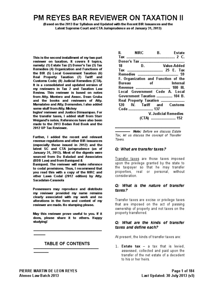 PM Reyes Bar Reviewer On Taxation Ii Q What Are Transfer Taxes PDF 