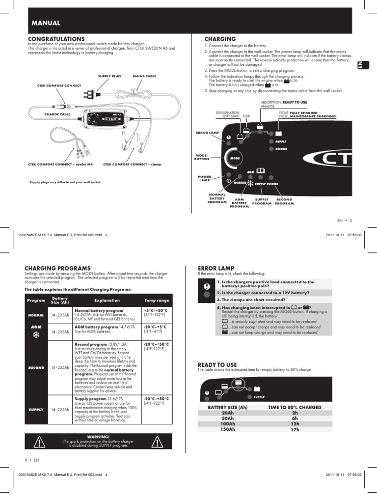 CTEK Mxs 7.0 Manual Uk en, PDF, Battery Charger