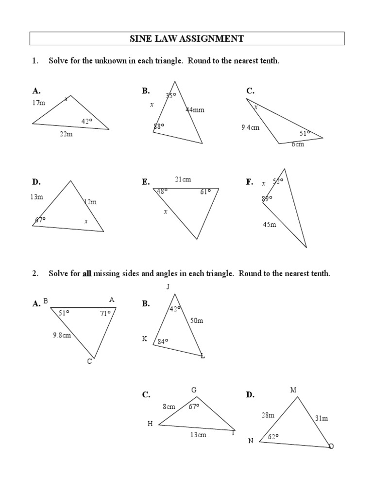 Sine Law Worksheet  Euclidean Plane Geometry  Triangle With Law Of Sines Worksheet