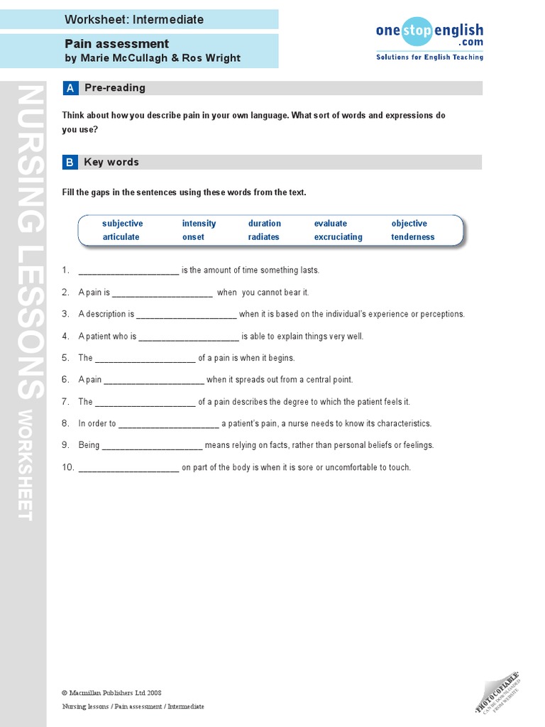 pain assessment worksheet intermediate | Pain | Clinical Medicine