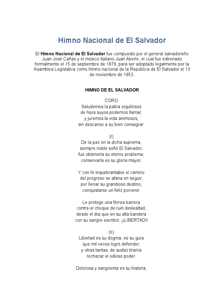 Himno Nacional De El Salvador Y Oracion A La Bandera Con Fechas Pdf