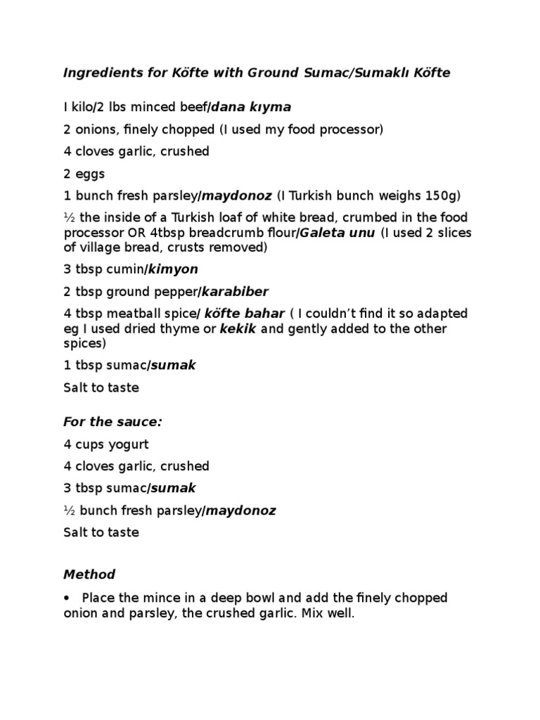 Ingredients For Köfte With Ground Sumac/Sumaklı Köfte PDF