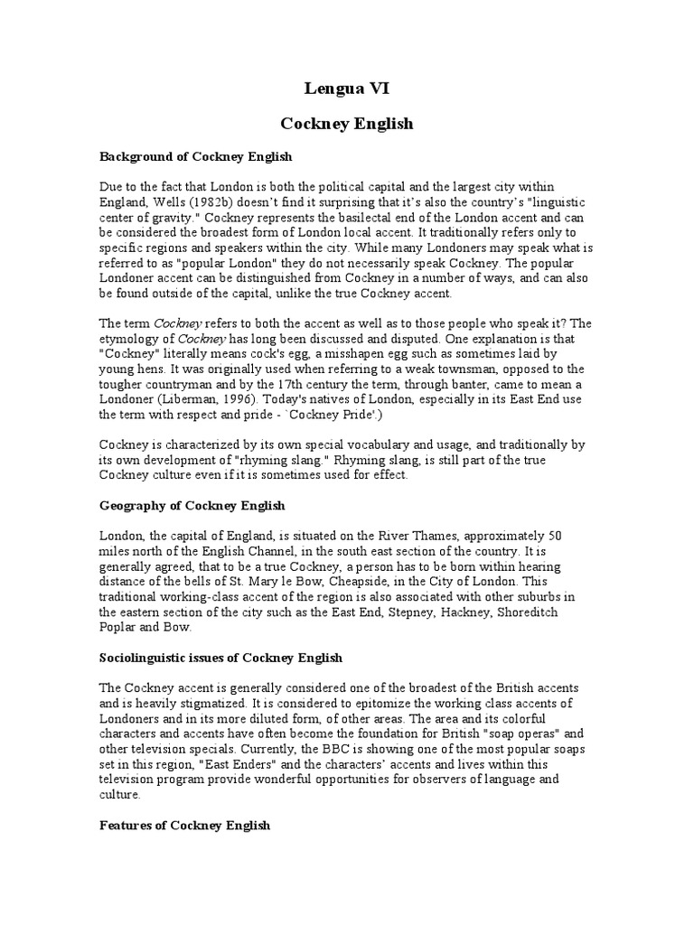 Understanding Cockney English Features | PDF | Human Voice | Dialect