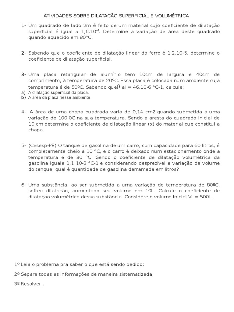 Atividades Sobre Dilatação Superficial e Volumétrica | PDF