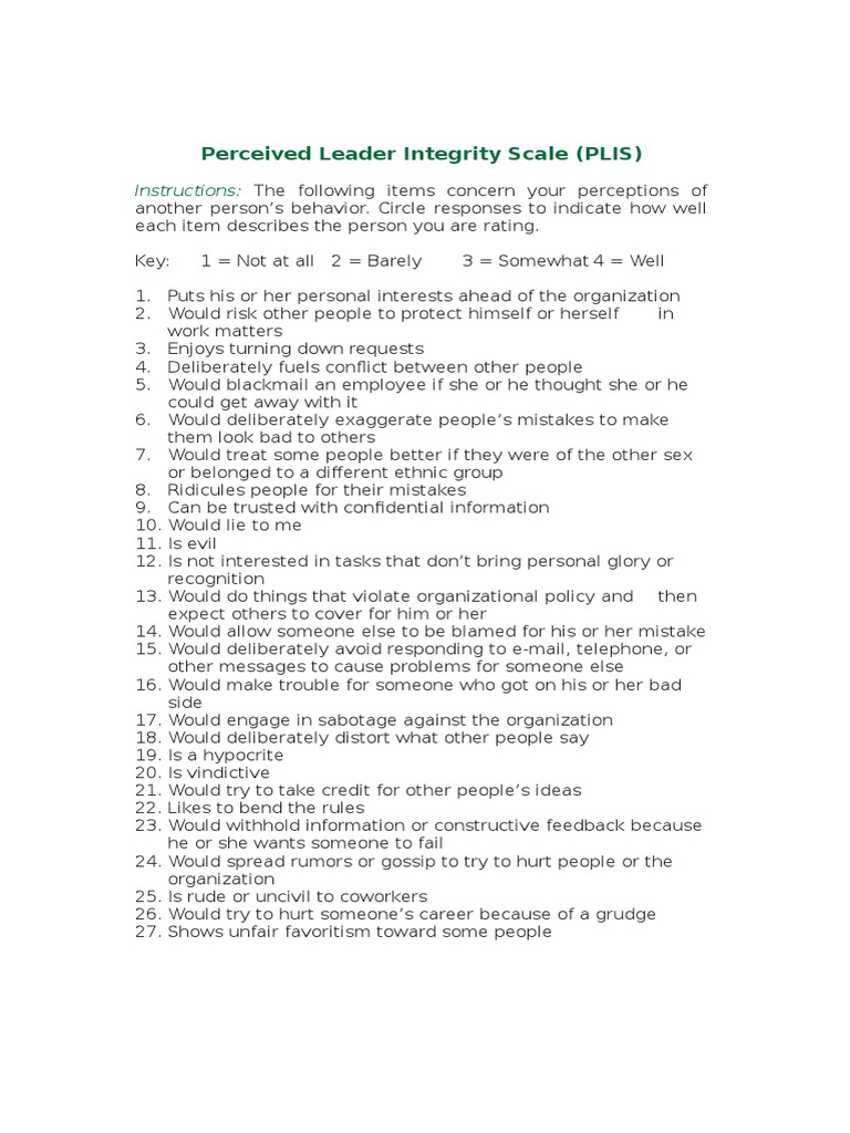 Perceived Leader Integrity Scale | PDF | Integrity | Leadership