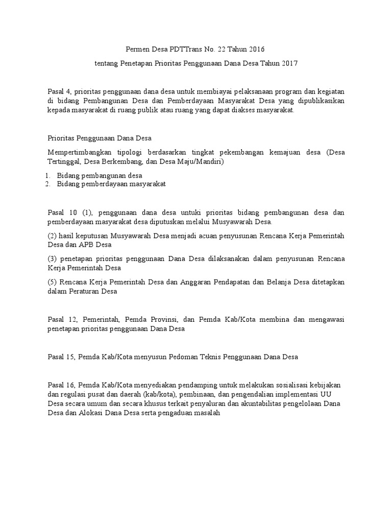 Ringkasan Permendes Prioritas Penggunaan Dana Desa PDF