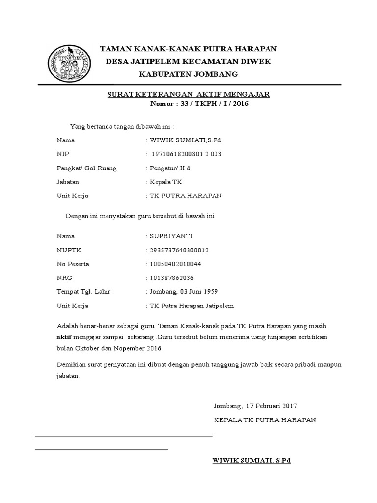 Surat Pernyataan Aktif Melaksanakan Tugas Mengajar Pdf