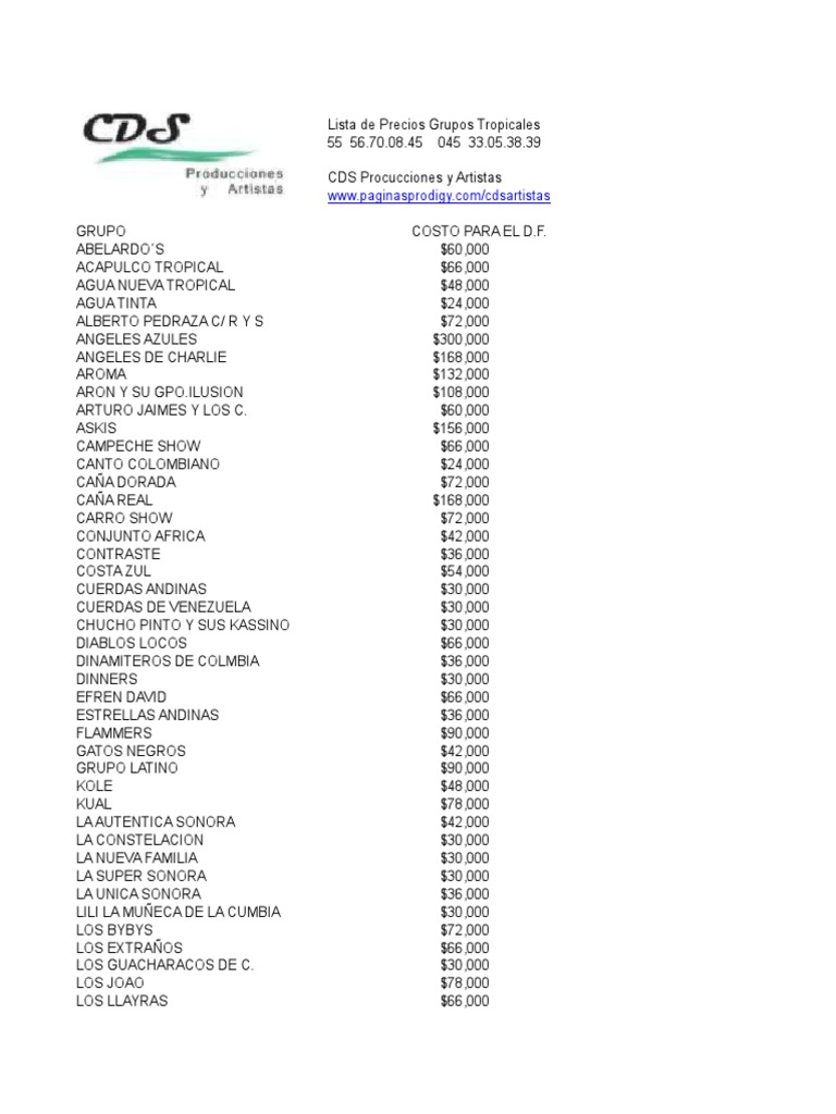 Lista de Precios Grupos Música caribeña Musica Norteamericana