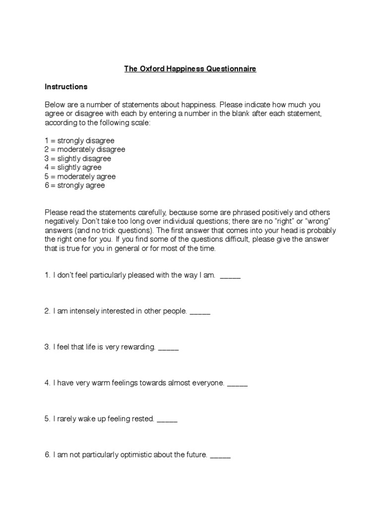 Oxford Happiness Questionnaire Guide | PDF