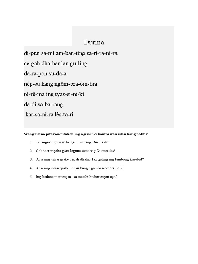 Soal Macapat Tembang Durma