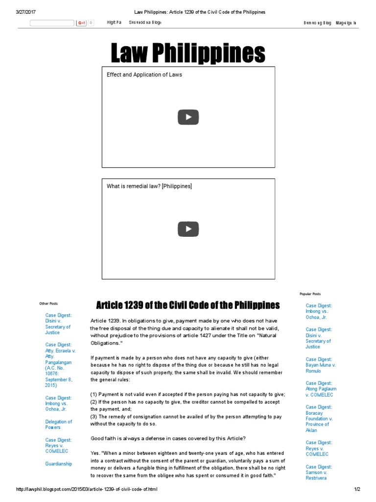 Law Philippines Article 1239 of The Civil Code of The Philippines