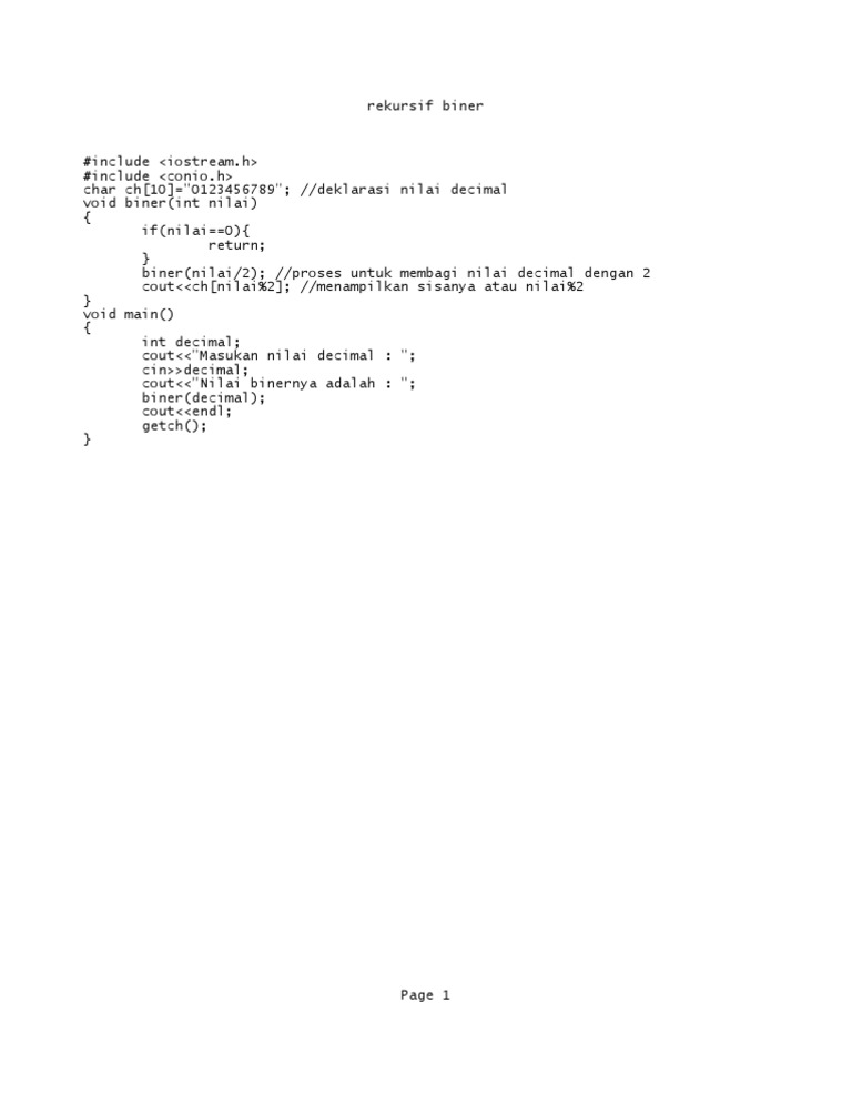 Konversi Desimal ke Biner Rekursif C++ | PDF